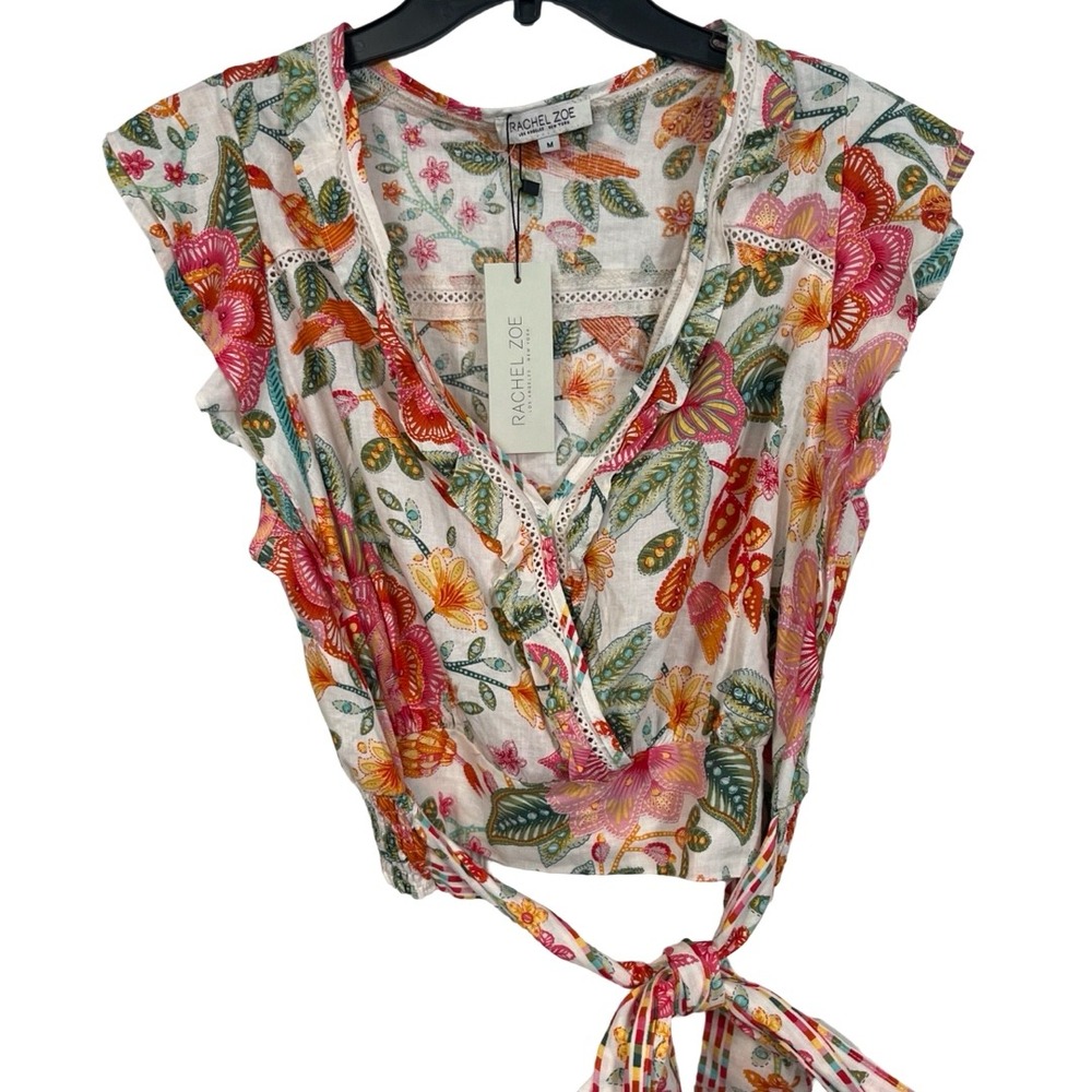 Rachel Zoe Floral Wrap Crop Top Pink Orange Green Flutter Sleeve Eyelet Lace M